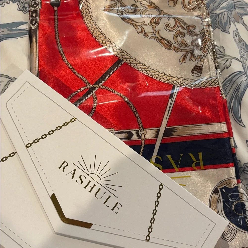 Red & Cream Equestrian Print Scarf – 35” x 35” – New in Packaging + Gift Box